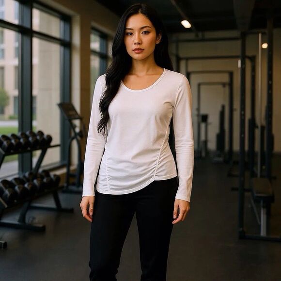 Athleta Large Fast Track Ruched Thumbholes Long Sleeve Shirt Womens White - Picture 1 of 9